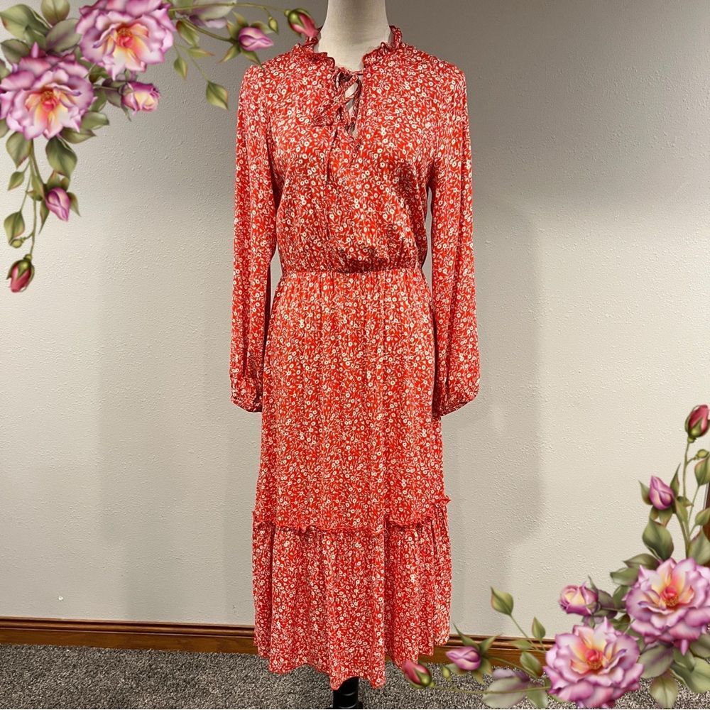Miss Sparkling Floral‎ Red Long Sleeve midi Dress size medium cottagecore style